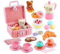 The Magic Toy Shop 30-Piece Tea Party Set with Play Food & Picnic Basket - Pretend Cake, Croissant, Lollipops, Cups, Saucers, Utensils - Kids Tea Set for Girls, Toddlers, Role Play Toys