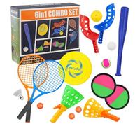 The Magic Toy Shop 6 Games in 1 Sports Set - 19 Pcs Bat, Racket, Toss, Catch, Ball & Frisbee, Indoor Outdoor Play - Lightweight, Builds Motor & Social Skills - Families, Camping, Beach, Garden & Park