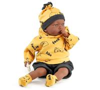 The Magic Toy Shop BiBi Doll 18" Eshe Black Baby Doll with 16 Realistic Sounds - Soft Body with Vinyl Head & Limbs - Ethnic, Brown Eyes, Yellow Outfit, Dummy - for Girls & Boys