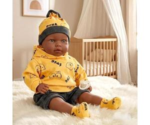 The Magic Toy Shop BiBi Doll 18" Eshe Black Baby Doll with 16 Realistic Sounds - Soft Body with Vinyl Head & Limbs - Ethnic, Brown Eyes, Yellow Outfit, Dummy - for Girls & Boys