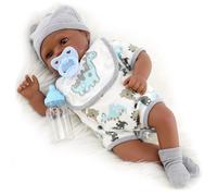 The Magic Toy Shop BiBi Doll Reborn Baby Boy Barney 42cm - Realistic Newborn Black Doll with Dummy, Feeding Bottle, Birth Certificate - Soft Vinyl Head and Limbs, Cuddly Cloth Body