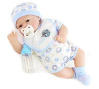 The Magic Toy Shop BiBi Doll Reborn Baby Boy Doll “Azul” 42cm - Realistic Newborn with Open Blue Eyes, Dummy, Bottle & Birth Certificate - Weighted Cloth Body & Soft Vinyl Limbs, for Kids Age 3+