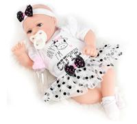 The Magic Toy Shop BiBi Doll Reborn Baby Girl “Jasmine” 17-Inch - Realistic Newborn with Vinyl Head, Cloth Body, Dummy, Milk Bottle, Birth Certificate & Cow-Themed Outfit - Dolls for Girls