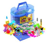 The Magic Toy Shop Kids Giant Mega Super Craft Art Carry Case with Over 200 Pieces - Feathers, Pom Poms, Beads, Sticks, Neon Laces, Wool, Sequins, Gems, Googly Eyes, Glitter Glue (Blue)
