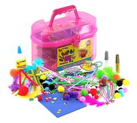 The Magic Toy Shop Kids Giant Mega Super Craft Art Carry Case with Over 200 Pieces - Feathers, Pom Poms, Beads, Sticks, Neon Laces, Wool, Sequins, Gems, Googly Eyes, Glitter Glue (Pink)