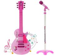 The Magic Toy Shop Kids Guitar and Microphone Set with 6 Strings - Adjustable Stand, 8 Demo Songs, Removable Mic - Great for Early Musical Skills, Toddler Performances, Creative Play, Girls, Ages 3+
