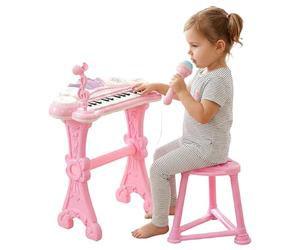 The Magic Toy Shop Kids Pink Piano Keyboard Toy with Microphone & Stool - 24 Key Electronic Musical Instrument, Light Up Teaching Mode, Drums Microphone & Stool Toy