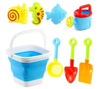 The Magic Toy Shop Portable Beach Playset Including Foldable Bucket Rake and Shovel Perfect for Sandcastle Building and Beach Fun