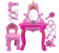 The Magic Toy Shop Princess Vanity Dressing Table & Stool Set - Pink Castle Kids Dressing Table with Mirror - Children's Make Up Station Toy with Hairdryer & Accessories for Girls Age 3+