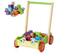 The Magic Toy Shop Wooden Baby Walker with 20 Colourful Blocks - Traditional Push Along Early Development & Activity Toy - Push Cart for Toddlers, Boys & Girls Ages 12 Months+