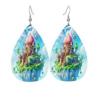 The magical castle Women's Teardrop Leather Earrings - Lightweight PVC Dangle Earrings, 925 Silver Hooks, Double-Sided Prints | Hypoallergenic Gift