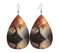 The magnificent maple trees under the sunset Women's Teardrop Leather Earrings - Lightweight PVC Dangle Earrings, 925 Silver Hooks, Double-Sided Prints | Hypoallergenic Gift