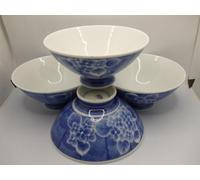 The Majestic Fine Porcelain Chinese Japanese Oriental Vintage Grape Blue and White Design Rice Bowls Only Set of 4 Height 5.5cm