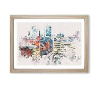 The Manchester Skyline Watercolour Framed Print | A2 Oak Framed Wall Art | Ready to Hang | Modern Cityscape Picture | Living Room Bedroom Lounge Office