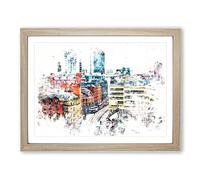 The Manchester Skyline Watercolour Modern Framed Print | A2 Oak Framed Wall Art | Ready to Hang | Modern Cityscape Picture | Living Room Bedroom Lounge Office