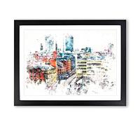 The Manchester Skyline Watercolour Modern Framed Wall Art Print, Ready to Hang Picture for Living Room Bedroom Home Office Décor, Black A2 (64 x 46 cm)