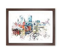 The Manchester Skyline Watercolour Modern Framed Wall Art Print, Ready to Hang Picture for Living Room Bedroom Home Office Décor, Walnut A2 (64 x 46 cm)