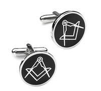 THE MASONIC COLLECTION - Black Round Masonic Square and Compass Cufflinks - Silver Plated - Comes in Velvet Pouch/Gift Box - Freemason Gift For Men