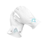 THE MASONIC COLLECTION - Freemasons Mens White Cotton Gloves - Blue Square & Compass Design - Washable - In Cellophane Sleeve - Freemason Gift For Men