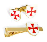THE MASONIC COLLECTION - Knights Templar Gold Cufflinks & Tieslide Set for Men - Red & White Enamel Coating - Comes in Velvet Pouch/Cufflink Box - Freemason Gifts for Men