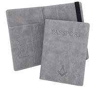 THE MASONIC COLLECTION Passport Holder Cover - Blue or Gray Imitation Leather Travel Wallet Case - Embossed Square & Compass - Waterprof & Soft - Freemason Regalia Gift for Men