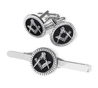 THE MASONIC COLLECTION - Square & Compass Cufflinks and Tieslide Set for Men - Silver Plated - Comes in Velvet Pouch/Gift Box - Freemason Gift For Men