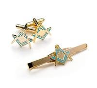 THE MASONIC COLLECTION Square & Compass Cufflinks & Tie Slide Set for Men - Gold Plated with Light Blue Enamel - Freemason Gift Set