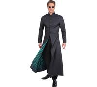 The Matrix Neo Costume Jacket for Men, Official Licensed Black Long Trench Coat with Digital Print Lining, Sci-Fi Cosplay Outfit for Halloween and Movie Fancy Dress