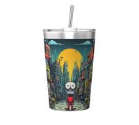 The Mechanical City with red Figures Printed conical Straw Thermos Cup, Insulated Straw Cup, Perfect for Gym use or Taking with You