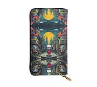 The mechanical city with red figures Printed leather wallet, 7.5 x 4.1-inch long credit card holder, portable travel cash wallet
