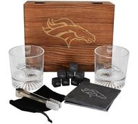 The Memory Company Licensed NFL Wood Boxed Drinkware Gift Set - Includes 2 Premium Rock Glasses, Cooling Cubes, Tongs, and Coasters, Denver Broncos