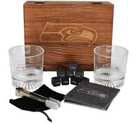 The Memory Company Licensed NFL Wood Boxed Drinkware Gift Set - Includes 2 Premium Rock Glasses, Cooling Cubes, Tongs, and Coasters, Seattle Seahawks