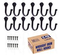 The Metal Magician Single Prong Wrought Iron Hooks, Vintage Hand Forged Iron Classic Hook Set - Rustic Curved Metal Fasteners - Decorative Colonial Wall Décor (Set of 12 Nail Hook 2.5")