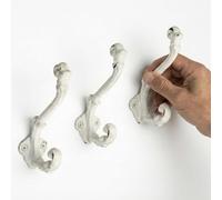 The Metal Magician Wall Mounted Antique Cast Iron Vintage Style Wall Hooks for Coats, Bags, Towels, Hats - (Set of 3) Distressed White