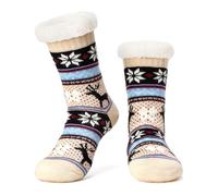The Metluks Women's Knit Slipper Socks with Non-slip Grippers, Warm Fuzzy Fluffy Sherpa Lined, Cozy Christmas Gifts, Cream Reindeer, L-x-L