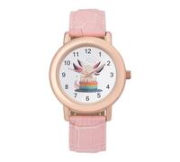 The Mexican Axolotls and Cake Women's Leather Watch | Easy Reader Minimalist Wristwatch Pink Rose Gold Strap Watches