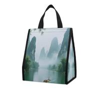 The Misty Rain of The Li River in Guilin Insulated Lunch Bag Box, 12L Capacity with Dual Side Pockets, Foldable Cooler Tote, Leakproof Lunch Cooler Bag, Reusable Picnic Tote Bags for Work Travel Offic