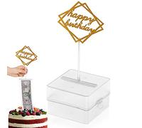 The Money Cake, Cake Money Box-Cake Money Pull Out Kit Includes 1Pc Clear Food-Contact Safe Box, 1Pc Gold Cake Topper, 20Pcs Pockets for Birthday Party Cake Decorations, Money Box for Cake Pull Out