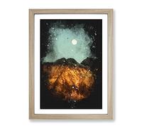 The Moon Above The Mountains Paint Splash Modern Framed Print | A4 Oak Framed Wall Art | Ready to Hang | Modern Space Picture | Living Room Bedroom Lounge Office