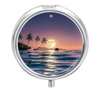 The Moon Above The Ocean Metal Pill Organizer, 3 Compartment Waterproof Pill Case with Mirror for Purse Pocket Bag, Daily Medicine Vitamin Holder, Portable Travel Med Container(Round)