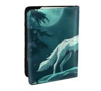 The Moon is White and There is A Solitary Wolf Printed Passport Holder,Travel Pu Leather Passport Cover Case Organiser for Men Women,6.5 Inch