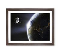 The Moon & Planet Earth Modern Art Framed Print | A2 Walnut Framed Wall Art | Ready to Hang | Modern Space Picture | Living Room Bedroom Lounge Office