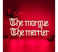 The Morgue The Merrier Halloween Neon Sign,Gothic Dark Humor LED Neon Lights for Wall Decor,Horror LED Light for Haunted Mansion,Party,Bar,Bedroom,Game Room Halloween Decorations Gifts,8.4x16.9 Inches