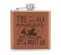 The Mountains are Calling and I Must Go 6oz PU Leather Hip Flask Tan