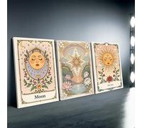 the mug vault 3pcs Framed Sun and Moon star Canvas Wall Art Tarot Crescent Moon Picture Wall Decor Wildflowers Painting Posters for Bedroom Living Room Home Decor