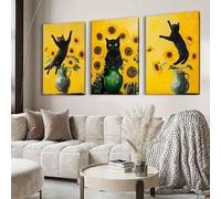 the mug vault 3pcs Van Gogh Sunflowers & Cat Canvas Art Framed -Whimsical Black Cat in Vase,Vibrant Yellow Canvas, Ideal for Office, Bedroom Decor, 40 * 60cm