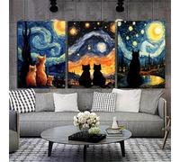the mug vault Starry Night Cat Wall Art - 3 Piece Canvas Set, Van Gogh Inspired Black & Orange Cats Night Sky Print for Living Room, Bedroom, or Office Decor - unFramed Modern Animal Art (50 * 70)