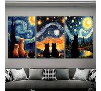 the mug vault Starry Night Cat Wall Art - 3 Piece Canvas Set, Van Gogh Inspired Black & Orange Cats Night Sky Print for Living Room, Bedroom, or Office Decor - Framed Modern Animal Art