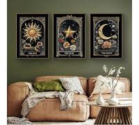 the mug vault Tarot Card Wall Art Set, Sun Moon Star Canvas Prints, 40 x 60cm, 3-Piece Art Deco Home Decor with Pine Wood Frame