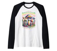 The Mushrooms are Calling Colorful Psychedelic Forest Scene Raglan Baseball Tee